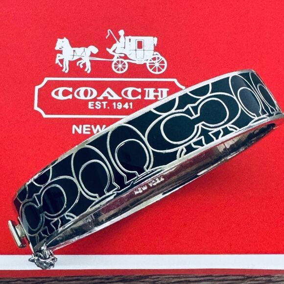 Coach Silver Black Enamel C Logo Cuff Bangle Bracelet - Picture 1 of 5